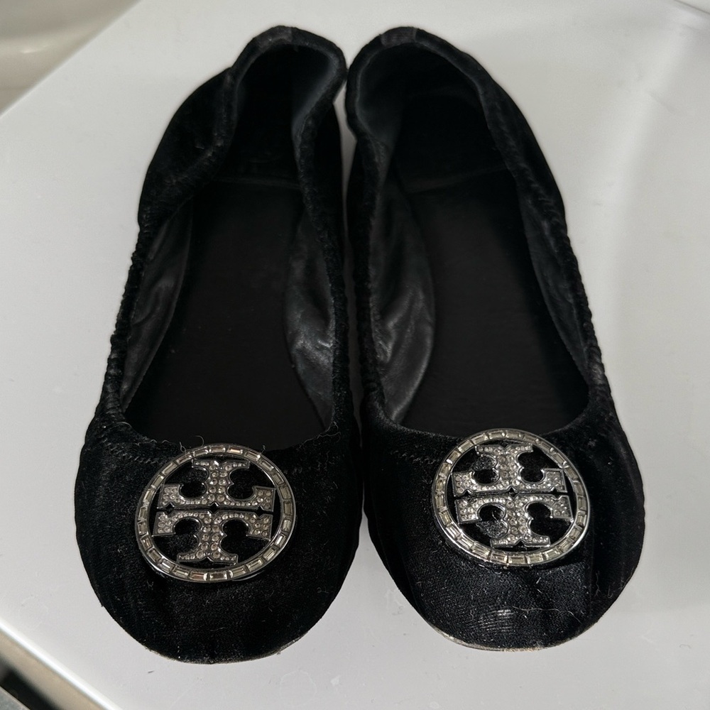 Tory Burch Black Flats with Silver Rhinestone Logo